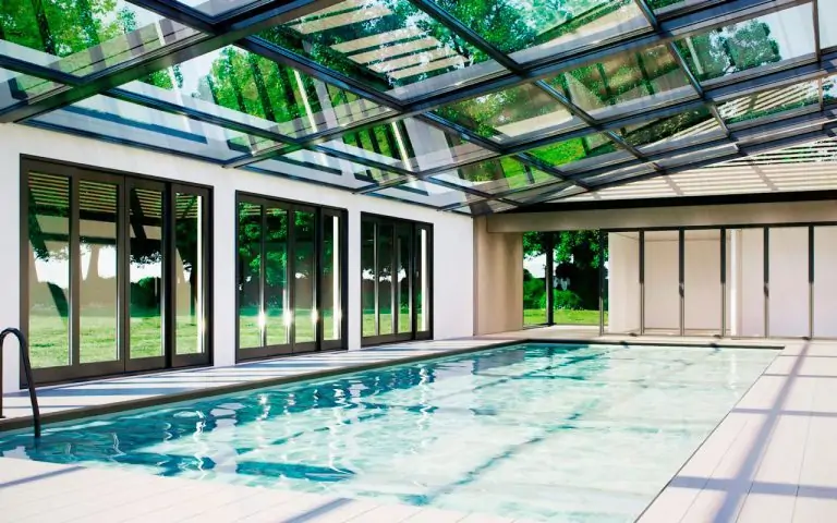 Airclos T6000 Retractable roof. Covered swimming pool for Garrigae Manoir de Beauvoir Hotel, Mignaloux-Beauvoir, France