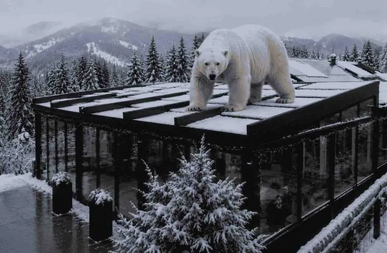 Retractable roof with glass walls covered in snow in the mountains